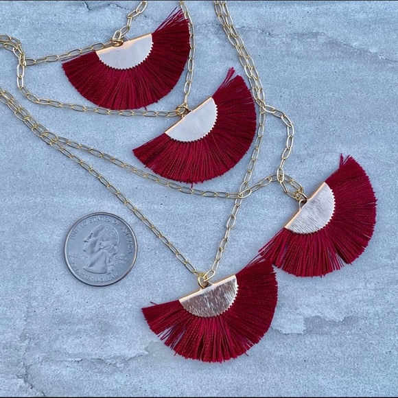 Pure Silk Fan Tassel Boho 22K Gold Necklace - Picture 6 of 9